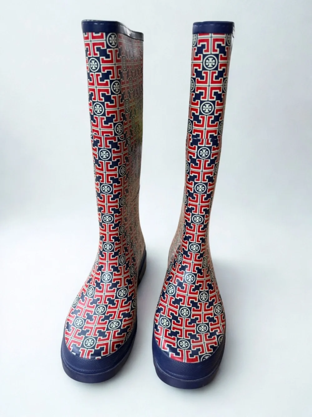 ☔️ TORY BURCH Navy, Red & Yellow Logo Rain Boots Excellent Pre-❤️ Condition